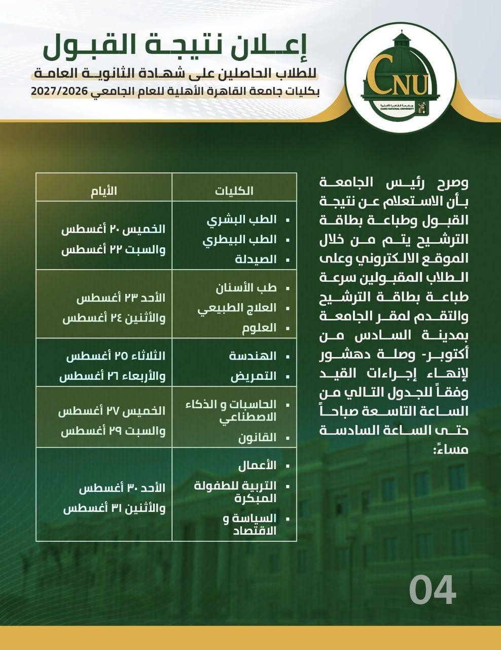 جامعة القاهرة الأهلية تعلن تنسيق القبول: 92.5% للطب و88.75% للصيدلة